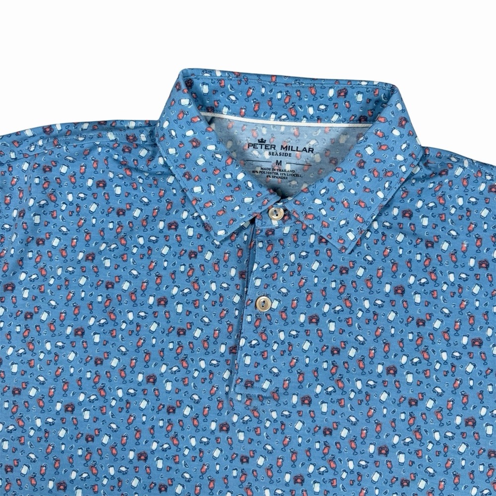 Peter Millar Mens Seaside Performance Polo Shirt Blue Sz M AOP Cocktail Tropical
